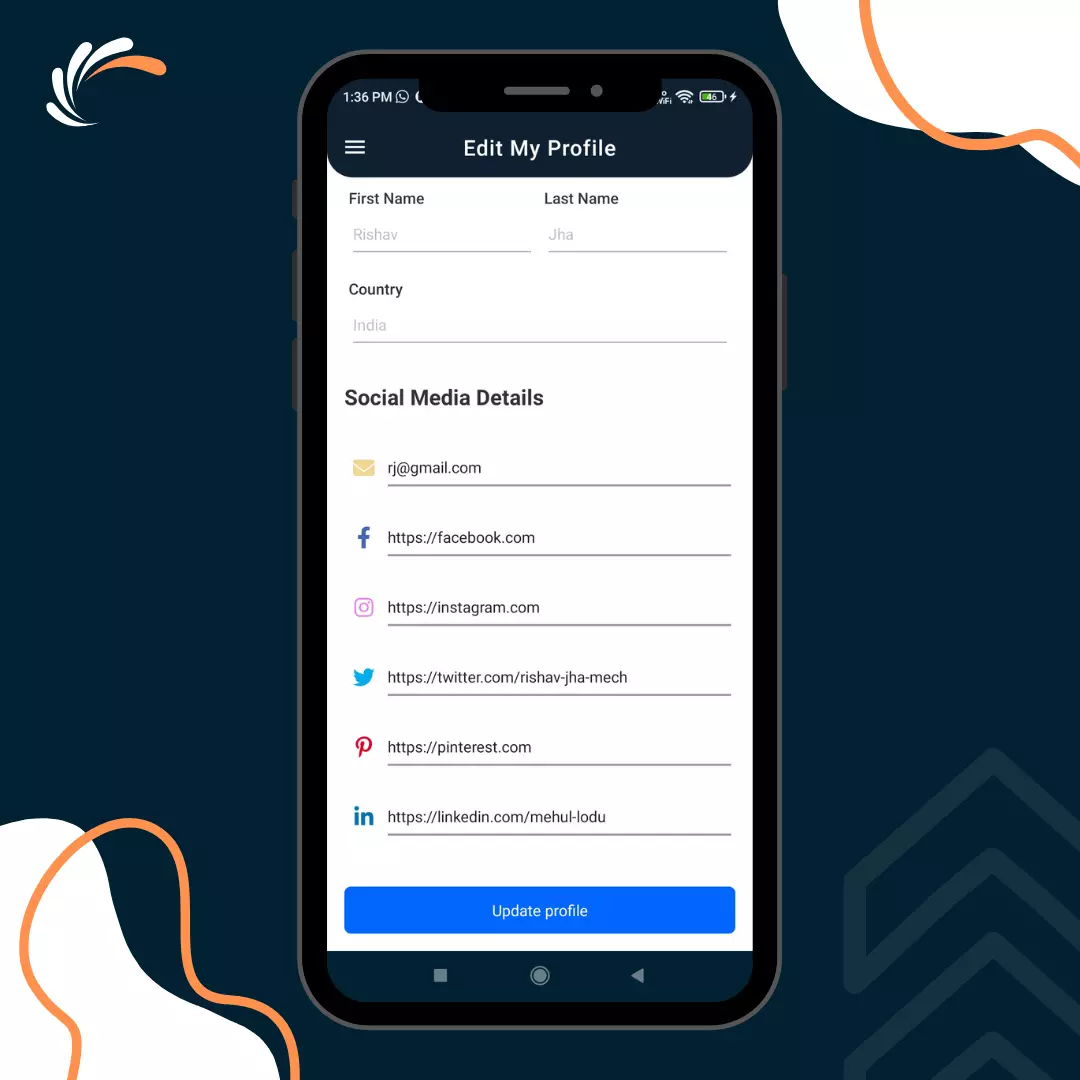 Edit profile screen with the social media links section