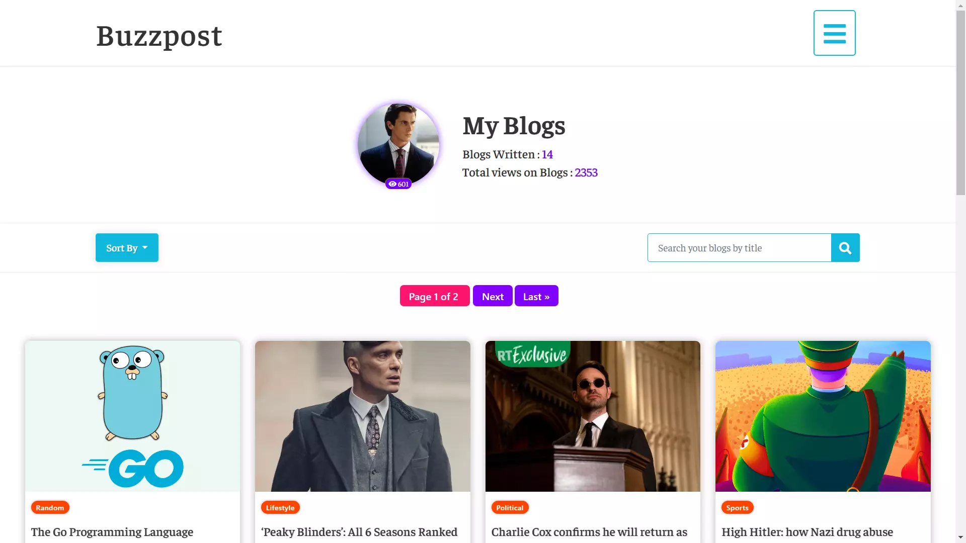 My blogs page showing blogs written and total views