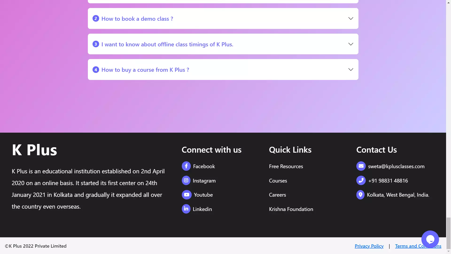 FAQs above the site footer with contact details