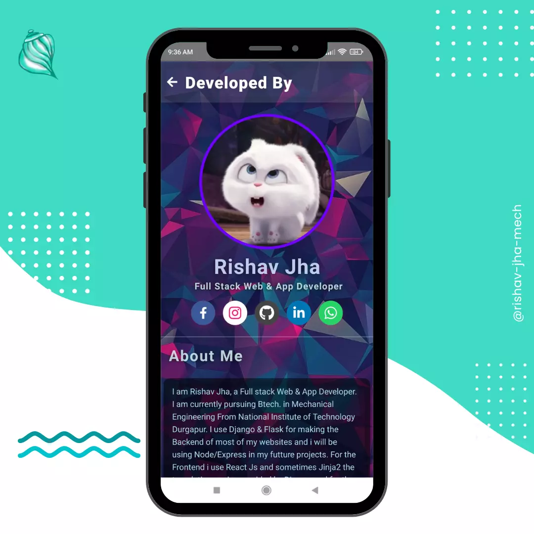 Developer profile screen with bio and social links