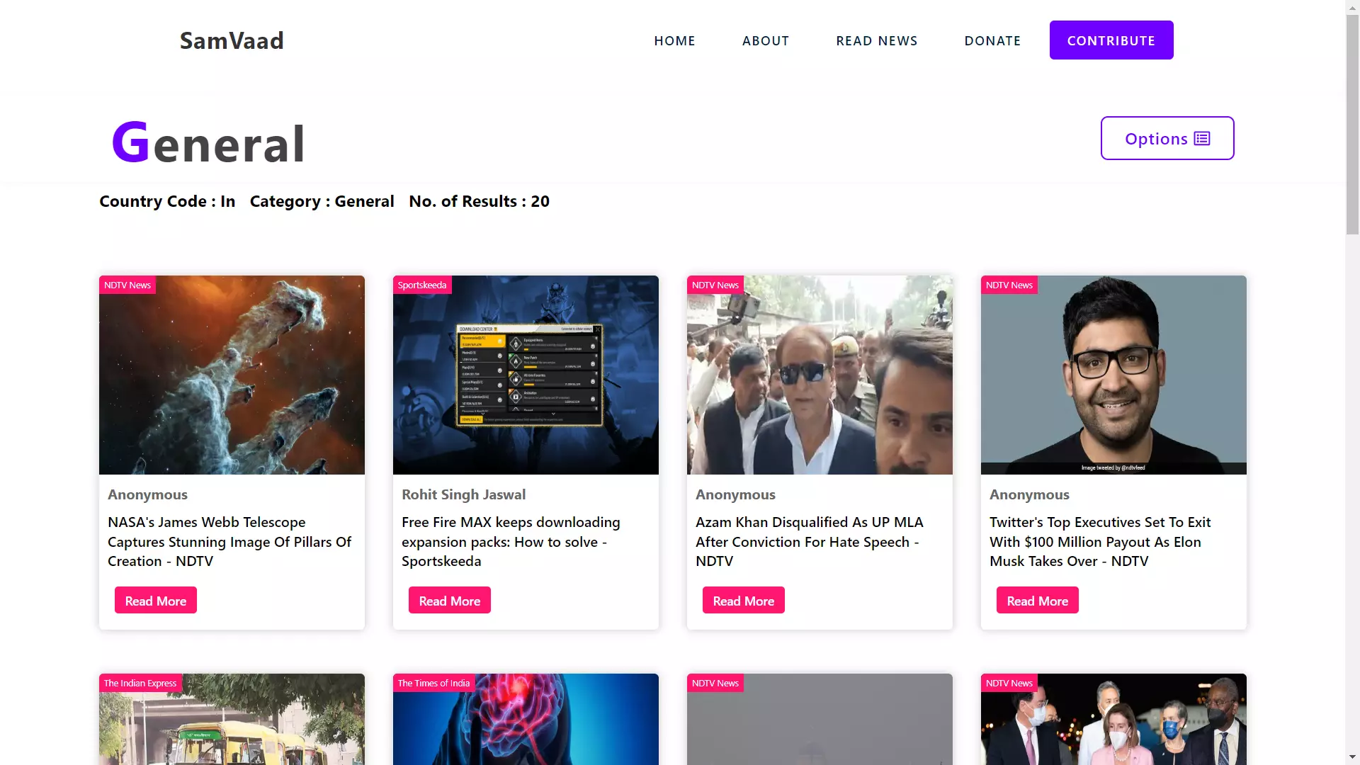 News feed showing general category headlines in a card grid