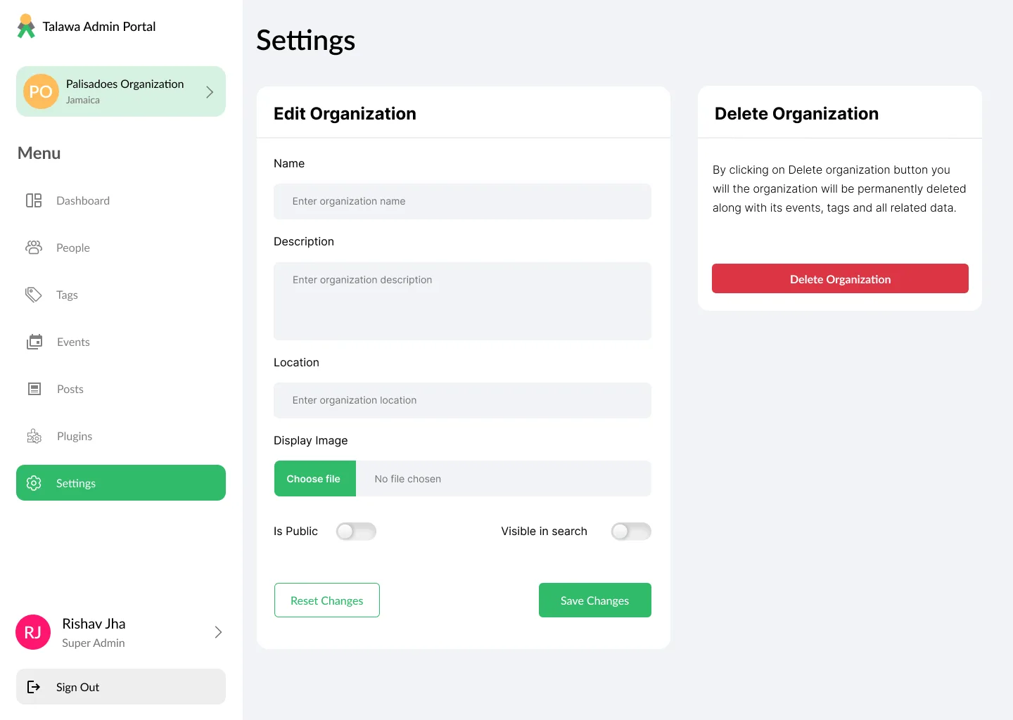 Talawa Admin redesign organization settings