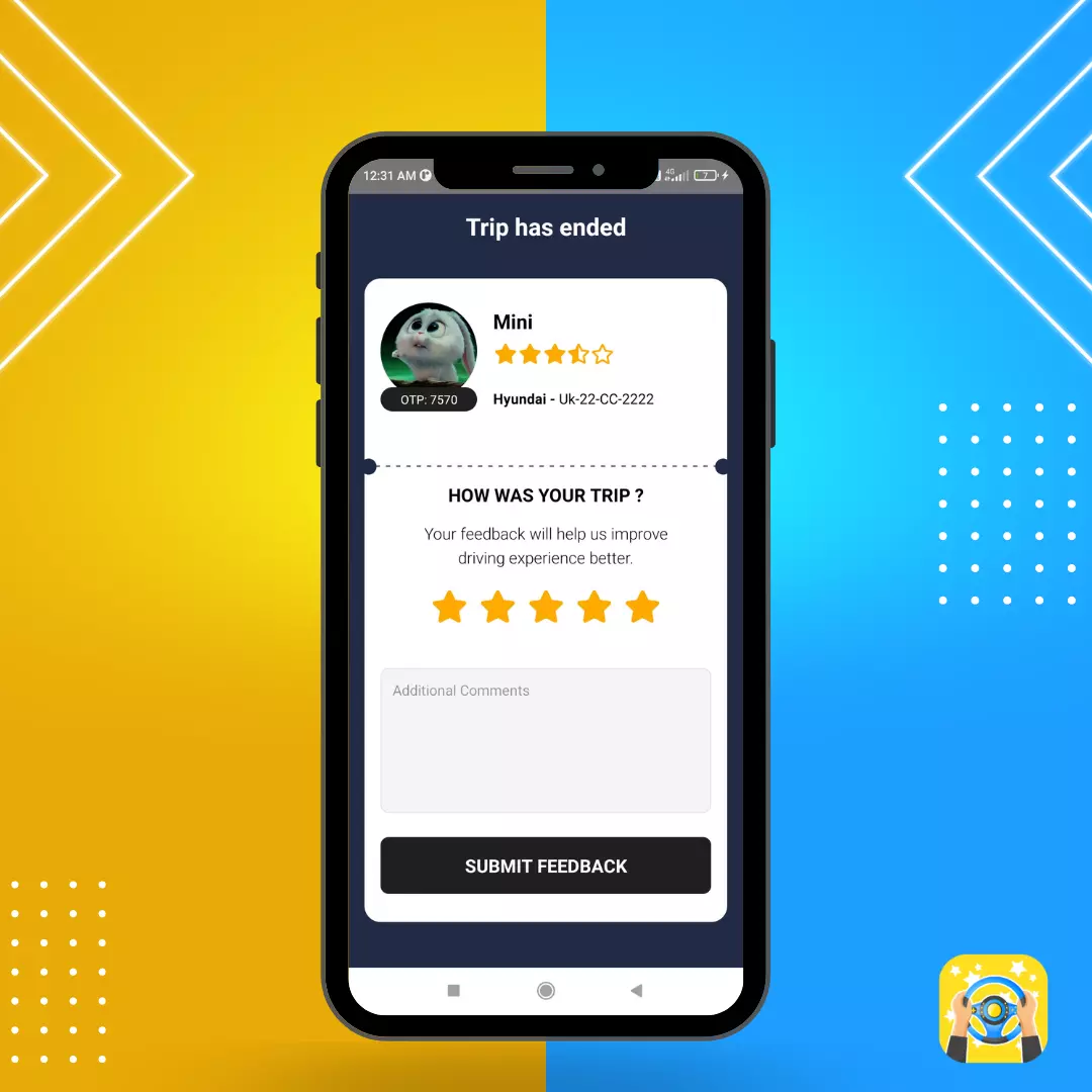 Trip has ended screen with a feedback rating form