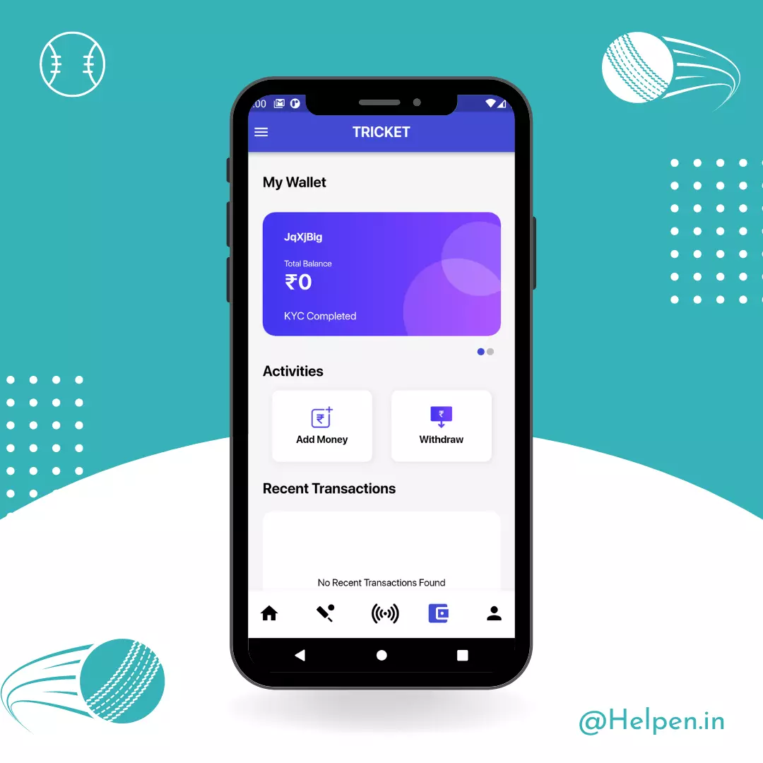 Wallet screen with balance, add money, and withdraw