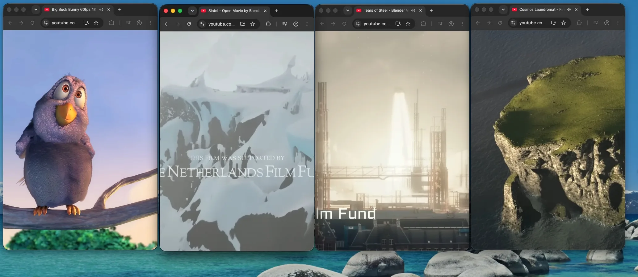 Four separate browser windows each running VertiView on a different YouTube video at once